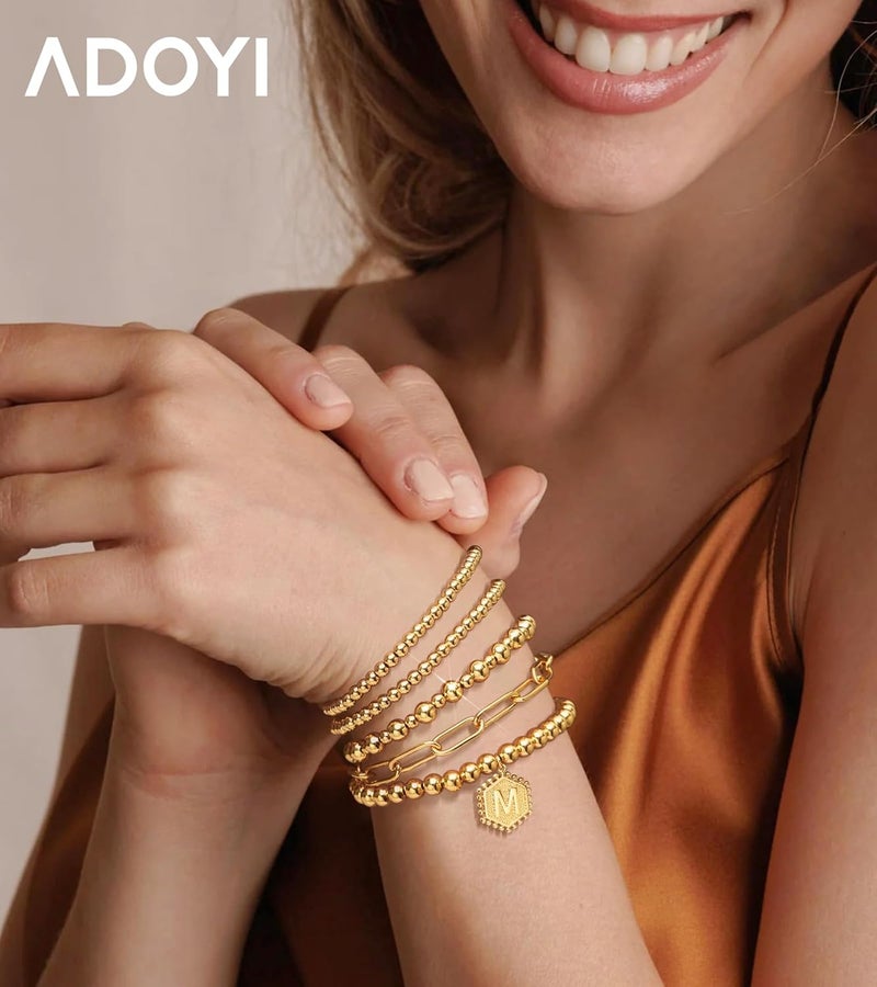 adoyi Gold Bracelets for Women Waterproof, 14K Gold Plated Beaded Strand Bead Ball Bracelets stack Adjustable Jewelry Set for Gifts - Image 2